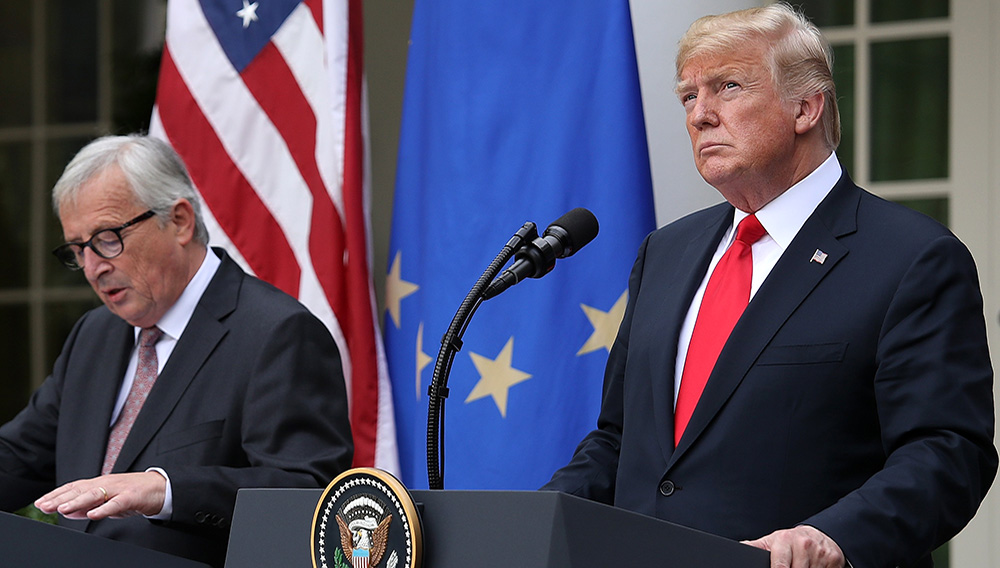 President Donald Trump and European Commission President Jean-Claude Juncker deliver a joint statement on trade in the Rose Garden on July 25, 2018. Win McNamee/Getty Images