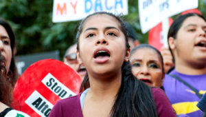 Rocio, a Deferred Action for Childhood Arrivals (Daca) recipient, shouts with supporters of the programme during a rally outside the Federal Building in Los Angeles on September 1, 2017. Kyle Grillot / Reuters