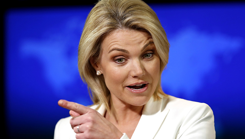 Then-State Department spokeswoman Heather Nauert speaks during a briefing at the State Department in Washington on August 9, 2017. (AP Photo/Alex Brandon, File)