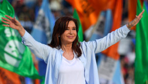 This file photo taken on October 16, 2017 shows Argentina's former President and Buenos Aires senatorial candidate for the Unidad Ciudadana Party, Cristina Fernandez de Kirchner waving to supporters at Juan Domingo Peron stadium in Avellaneda, Buenos Aires during the closure of her campaign ahead of the October 22 legislative election. On November 30, 2017 the Federal Appeal Court rejected an appeal by former Argentine president and current senator Cristina Kirchner and ratified the process for alleged money laundering. / AFP PHOTO / EITAN ABRAMOVICH