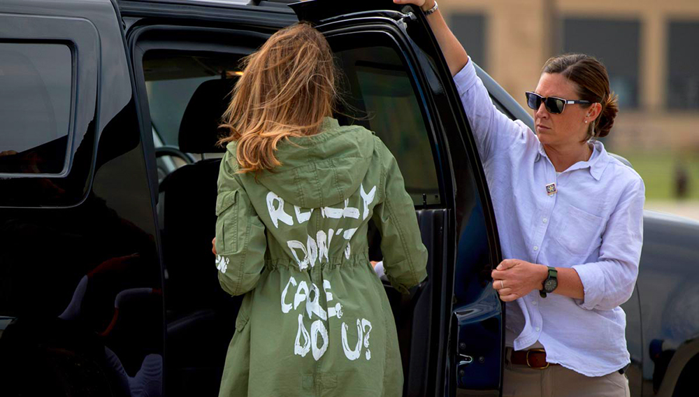 PHOTO: First lady Melania Trump returns to Washington after visiting a detention center for immigrant children in Texas. Her choice of jacket from Zara caused a stir. APphoto by andyharnik.