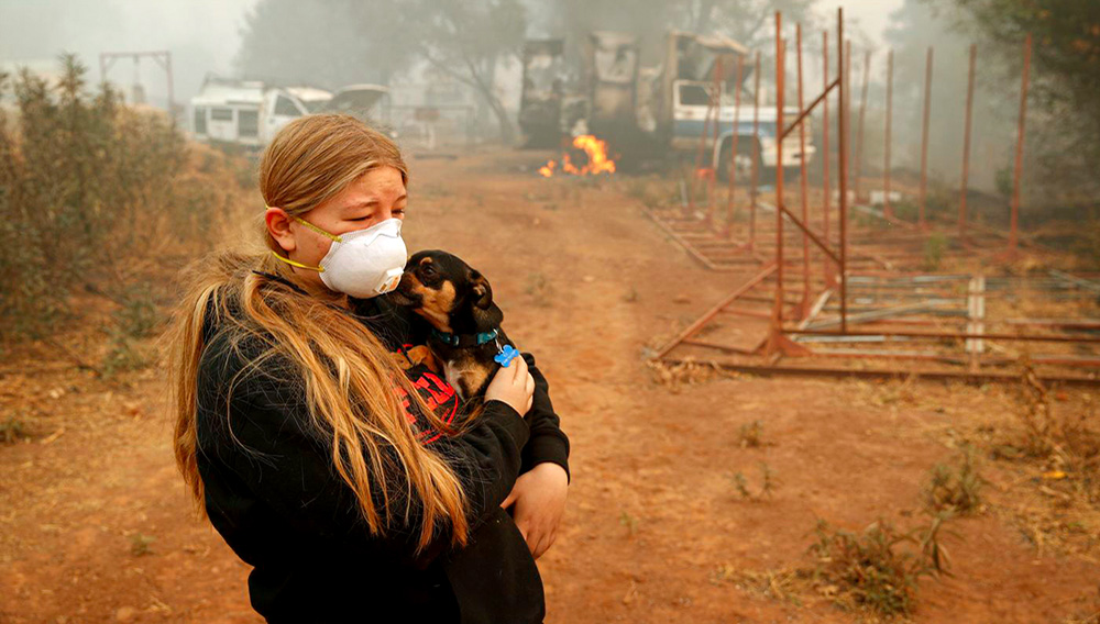 In this Nov. 10, 2018, photo, Arianne Harvey holds her dog T.J. near a truck still on fire from the Camp Fire in Paradise, Calif. Harvey was living in an RV near where her family's home was destroyed by the fire. For a while, Phillip and Krystin Harvey, who lost their mobile home, had been staying with Arianne and their two other teenage daughters in the camper, trying to hang on to a piece of the life they had known. Eventually the family gave up and moved to Oroville, Calif., to stay with friends to have some stability and security, their cousins Patrick Knuthson said. (AP Photo/John Locher) (AP)