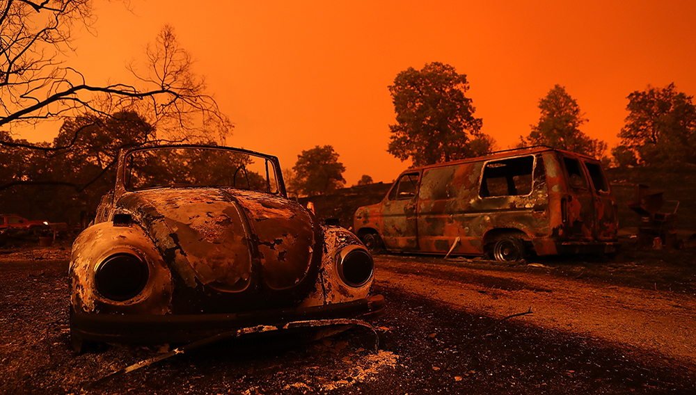 REDDING, CA - JULY 27: A view of cars that were destroyed by the Carr Fire on July 27, 2018 in Redding, California. A Redding firefighter and bulldozer operator were killed battling the fast moving Carr Fire that has burned over 44,000 acres and destroyed dozens of homes. The fire is 3 percent contained. (Photo by Justin Sullivan/Getty Images)