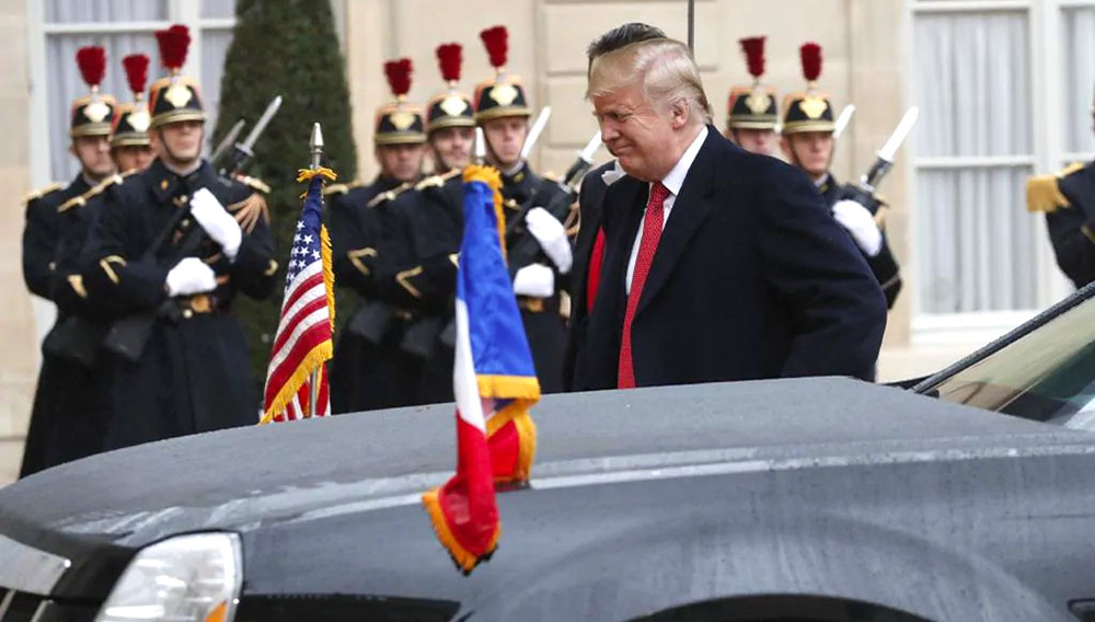 US President Donald Trump arrives at the Elysee Palace to meet French President Emmanuel Macron in Paris. Picture: AP