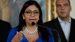 Venezuelan Foreign Minister Delcy Rodriguez speaks during a press conference in Caracas on March 4, 2016. The aggression of the United States against Venezuela goes against the international law, said Rodriguez. AFP PHOTO/FEDERICO PARRA / AFP / FEDERICO PARRA