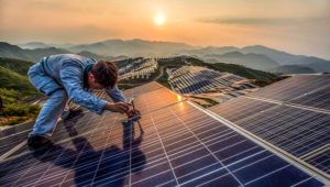 A worker at Xinyi photovoltaic power station in Songxi, China. Photograph: Feature China/Barcroft Images
