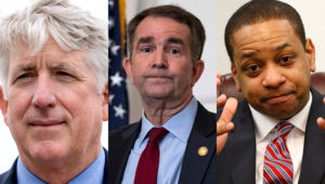 Left to right: Virginia Attorney General Mark Herring, Governor Ralph Northam, and Lt. Gov. Justin Fairfax. All three are now ensnared in scandal. AP/Getty Images