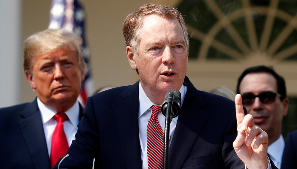 U.S. Trade Representative Robert Lighthizer discusses the United States-Mexico-Canada Agreement as President Trump and Treasury Secretary Steven Mnuchin look on Oct. 1, 2018. Lighthizer is now the chief U.S. negotiator in trade talks with China. KEVIN LAMARQUE / REUTERS