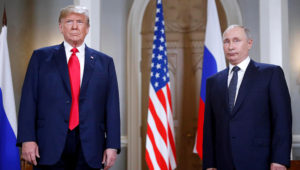 Donald Trump and Vladimir Putin front the media before their summit. Photo: AAP