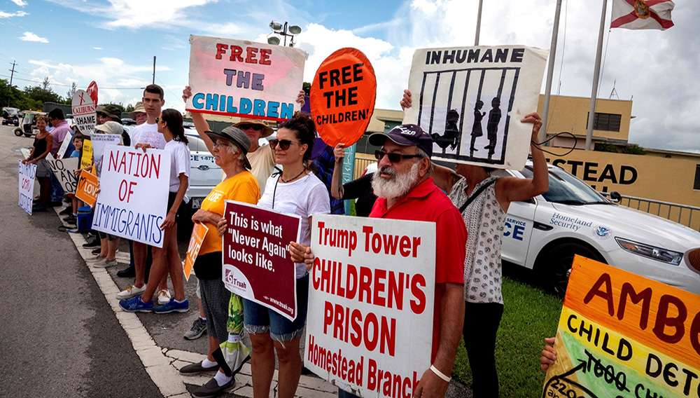 Immigration activists protest in front of Homestead Temporary Shelter for Unaccompanied Children in Homestead, Florida, USA, 15 July 2019.EFE/EPA/Cristobal Herrera