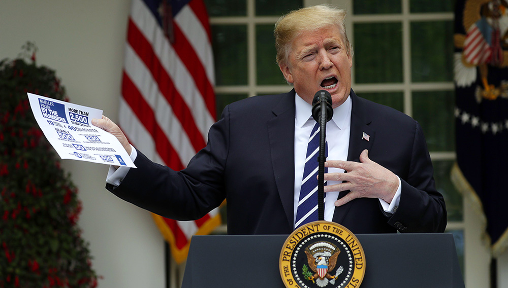 In this May 22, 2019, photo, President Donald Trump speaks in the Rose Garden of the White House in Washington. (AP Photo/Evan Vucci)