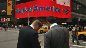 NEW YORK - APRIL 21: A Bank of America billboard dominates a street corner in Times Square on April 21, 2009 in New York City. Bank of America announced yesterday that it earned $4.2 billion in the first quarter. (Photo by Spencer Platt/Getty Images)