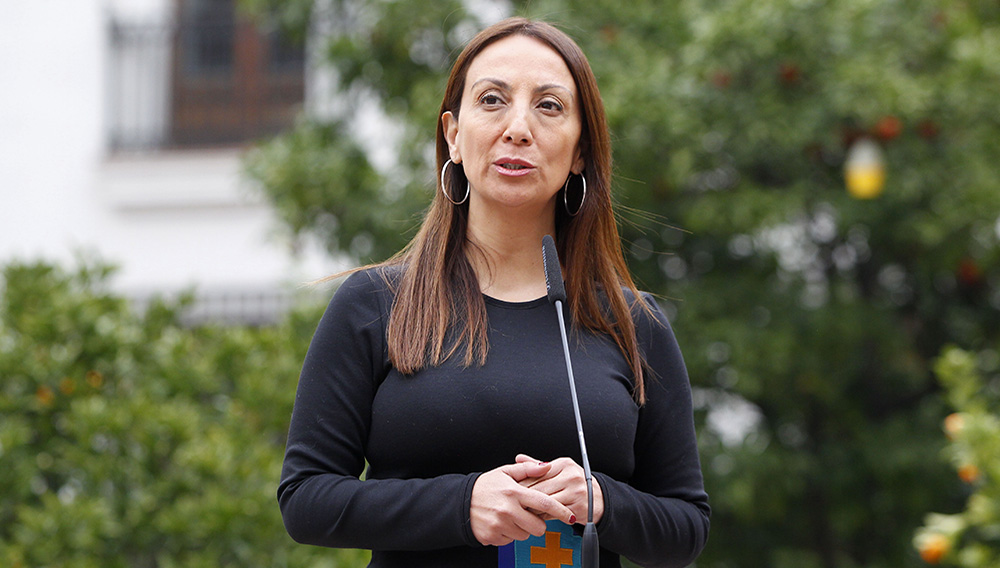 Santiago, 06 de agosto 2018. Ministra vocera de gobierno, Cecilia Perez, habla con los medios de comunicación en el patio de Los Naranjos. Ramon Monroy/Aton Chile