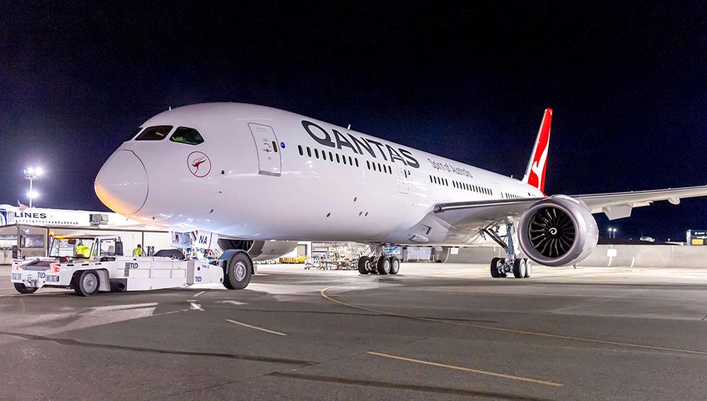 Qantas’s first Boeing 787-9 rolls out of the Boeing paint hangar in Everett, Washington. Credit: Qantas
