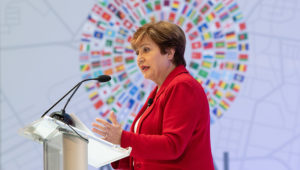 International Monetary Fund Managing Director Kristalina Georgieva delivers her curtain raiser speech previewing the key issues to be addressed in the Annual Meetings in Washington. NICHOLAS KAMM/AFP via Getty Images