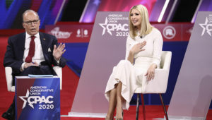 Director of the National Economic Council Larry Kudlow and Advisor to the President Ivanka Trump speak at the CPAC convention in National Harbor, Md., on Feb. 28, 2020. (Samira Bouaou/The Epoch Times)