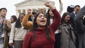 Immigration rights activists outside the Supreme Court after justices heard arguments last fall on ending the Deferred Action for Childhood Arrivals program. PHOTO BY SAUL LOEB/AFP VIA GETTY IMAGES