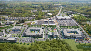 An aerial rendering depicts the mixed-use redevelopment planned in Montvale, New Jersey. (JLL)
