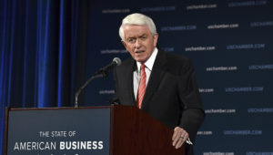 FILE- In this Jan. 10, 2018, file photo, U.S. Chamber of Commerce President and Chief Executive Officer Thomas Donohue delivers his annual "State of American Business" address at the Chamber of Commerce in Washington. (AP Photo/Susan Walsh, File)