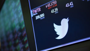 FILE - In this Sept. 18, 2019, file photo a screen shows the price of Twitter stock at the New York Stock Exchange. Twitter said Thursday, Sept. 10, 2020, that starting next week it will label or remove misleading claims that try to undermine public confidence in elections. (AP Photo/Mark Lennihan, File)