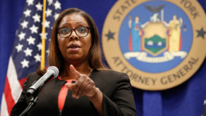 FILE- In this Aug. 6, 2020 file photo, New York State Attorney General Letitia James takes a question at a news conference in New York. (AP Photo/Kathy Willens, File)