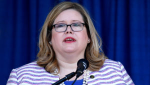In this June 21, 2019 file photo, General Services Administration Administrator Emily Murphy speaks during a ribbon cutting ceremony for the Department of Homeland Security's St. Elizabeths Campus Center Building in Washington. (AP Photo/Susan Walsh)