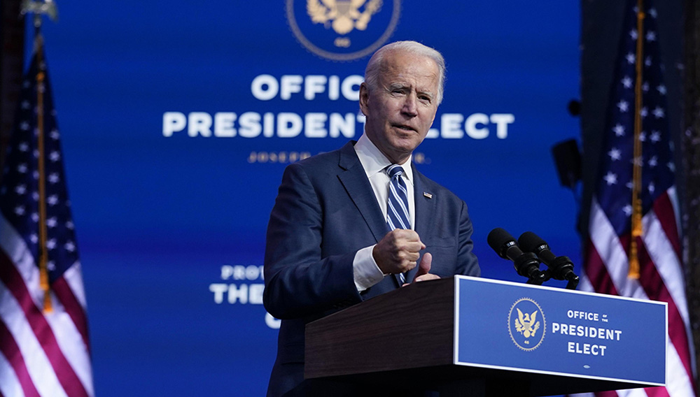 President-elect Joe Biden speaks at The Queen theater, Tuesday, November 10, 2020, in Wilmington, Delaware. (AP Photo/Carolyn Kaster)