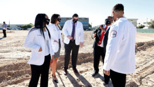 Dr. Marc Kahn, dean of the UNLV School of Medicine, ceremoniously breaks ground on the new Medical Education Building, which will be located in the heart of the city's medical district. (Lonnie Timmons III/UNLV Photo Services)