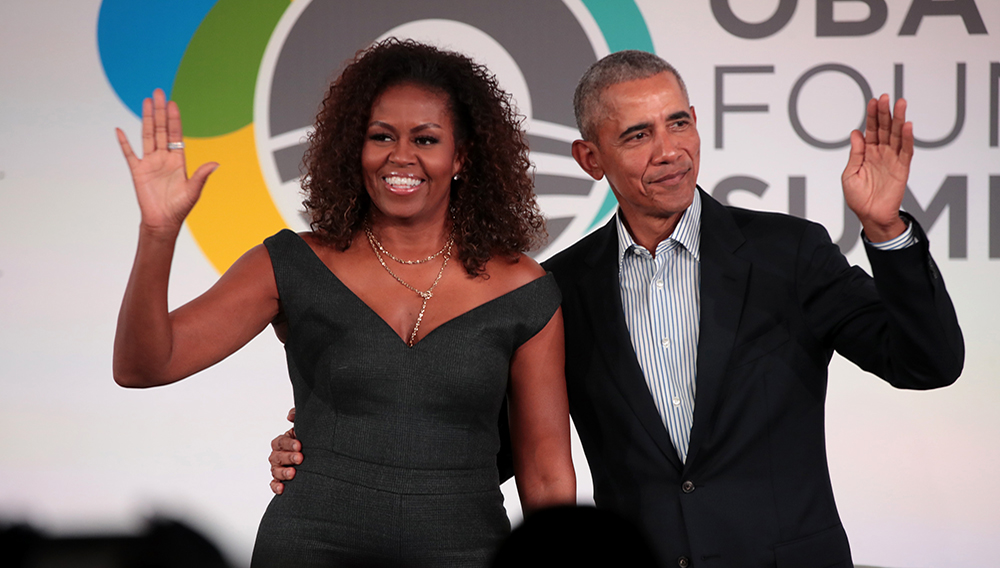Former U.S. President Barack Obama and his wife Michelle close the Obama Foundation Summit together on the campus of the Illinois Institute of Technology on October 29, 2019 in Chicago, Illinois. (Photo by Scott Olson/Getty Images)