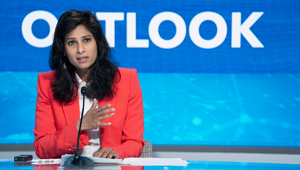 Gita Gopinath, Chief Economist and Director of the Research Department, IMF, briefs the news media on the World Economic Outlook (WEO), during the IMF Annual Meetings in Washington, DC, on October 13, 2020. IMF Photo/ Cliff Owen