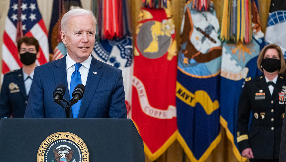President Joe Biden, joined by Vice President Kamala Harris, Secretary of Defense Lloyd Austin, U.S. Air Force Gen. Jacqueline Van Ovost, and U.S. Army Lt. Gen. Laura Richardson, delivers remarks during an event to announce the President’s Combatant Commanders nominees Monday, March 8, 2021, in the East Room of the White House. (Official White House Photo by Adam Schultz)