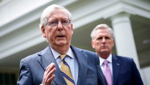 Senate Minority Leader Mitch McConnell (R-KY) and House Minority Leader Kevin McCarthy (R-CA) address reporters outside the White House. | PHOTO: Drew Angerer/Getty Images