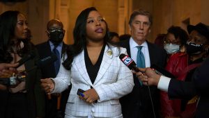 PHOTO: Sen. Katrina Robinson speaks to members of the press following her expulsion trial in the Senate Chambers at the State Capitol in Nashville, Tenn., Wednesday, Feb. 2, 2022. | Nicole Hester / The Tennessean.