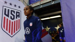 Naomi Girma #12 of the United States enters the field for warmups before a game between Germany and USWNT at Red Bull Arena on November 13, 2022 in Harrison, New Jersey. (Photo by Howard Smith/ISI Photos/Getty Images)
