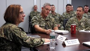 Vice Chief of Naval Operations Adm. Lisa M. Franchetti talks with major commanders, deputy commanders and senior enlisted personnel, including Capt. John Stafford, commander of Submarine Squadron 4, and Capt. Eric Sager, commanding officer of the Naval Submarine School, during a meeting at the Undersea Warfighting Development Center (UWDC) on Wednesday, Nov. 16, 2022. (U.S. Navy photo by Petty Officer 2nd Class Wesley Towner)