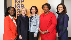 PHOTO: (Pictured L-R) Olatunde Johnson, Secretary Hillary Clinton, Secretary Gina Raimondo, former Georgia House minority leader Stacey Abrams, and Keren Yarhi-Milo at the Institute of Global Politics Women's Initiative Summit.