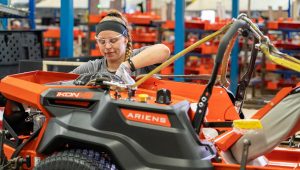 PHOTO: An Ariens Company employee works on the assembly line at the company's plant in Brillion, Wisconsin, U.S., in this undated handout photo obtained by Reuters on April 3, 2024. Ariens Co./Handout via REUTERS