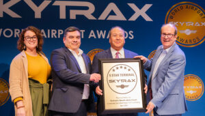 From left: Port Authority of New York and New Jersey Director of Aviation Redevelopment Jacquelene McCarthy; Chief Operating Officer James Heitmann; Chairman Kevin O’Toole; and Lutz Weisser, managing director of Munich Airport International (the parent company of Terminal A’s operator, Munich Airport NJ LLC) accept the 2024 Skytrax World Airport Award for the world’s best new airport terminal. (Photo: Provided by SKYTRAX)