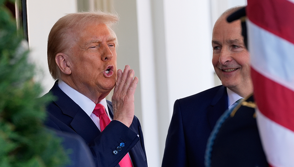 President Donald Trump greets Ireland’s Prime Minister Micheál Martin as he arrives at the West Wing of the White House in Washington, Wednesday, March 12, 2025. (AP Photo/Alex Brandon)