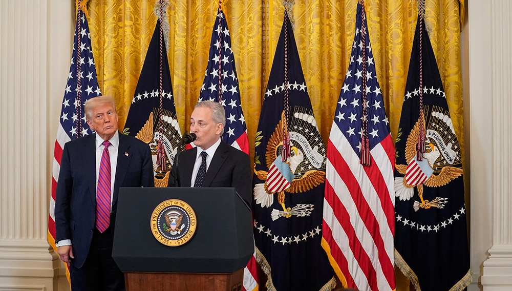 David Sacks speaks next to U.S. President Donald Trump before he signs the "Genius Act", which will develop regulatory framework for stablecoin cryptocurrencies and expand oversight of the industry, at the White House in Washington, D.C., U.S., July 18, 2025. REUTERS/Nathan Howard