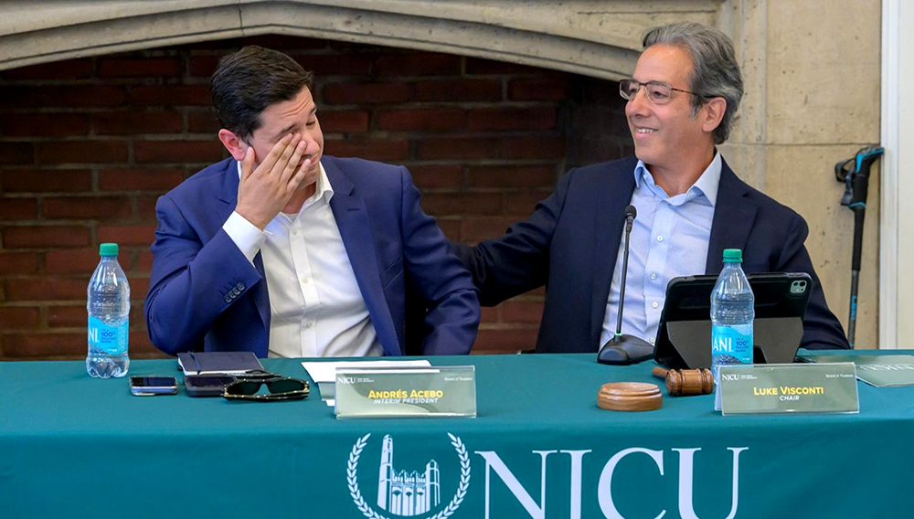 President Acebo (left) and Luke Visconti, Chair of the NJCU Board of Trustees, share an emotional moment following the unanimous Board vote to appoint Acebo as the 13th president of the institution on July 23, 2025. | PHOTO: Paul Gargiulo '87, NJCU University Communications.