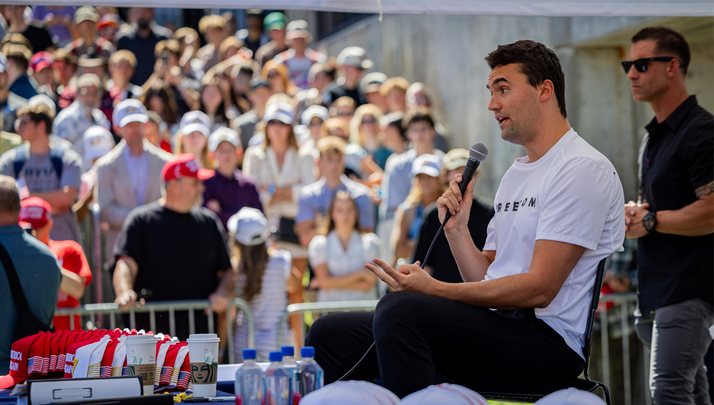 Charlie Kirk speaks before he is shot during Turning Point's visit to Utah Valley University in Orem, Utah, Wednesday, Sept. 10, 2025. (Tess Crowley/The Deseret News via AP)