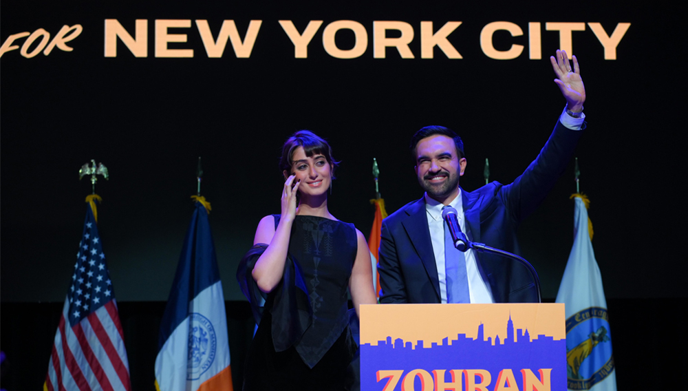 Mayor-elect Zohran Mamdani, with his wife, Rama Duwaji, left, celebrates his victory in Brooklyn. Photograph: Liri Agami/ZUMA Press Wire/Shutterstock