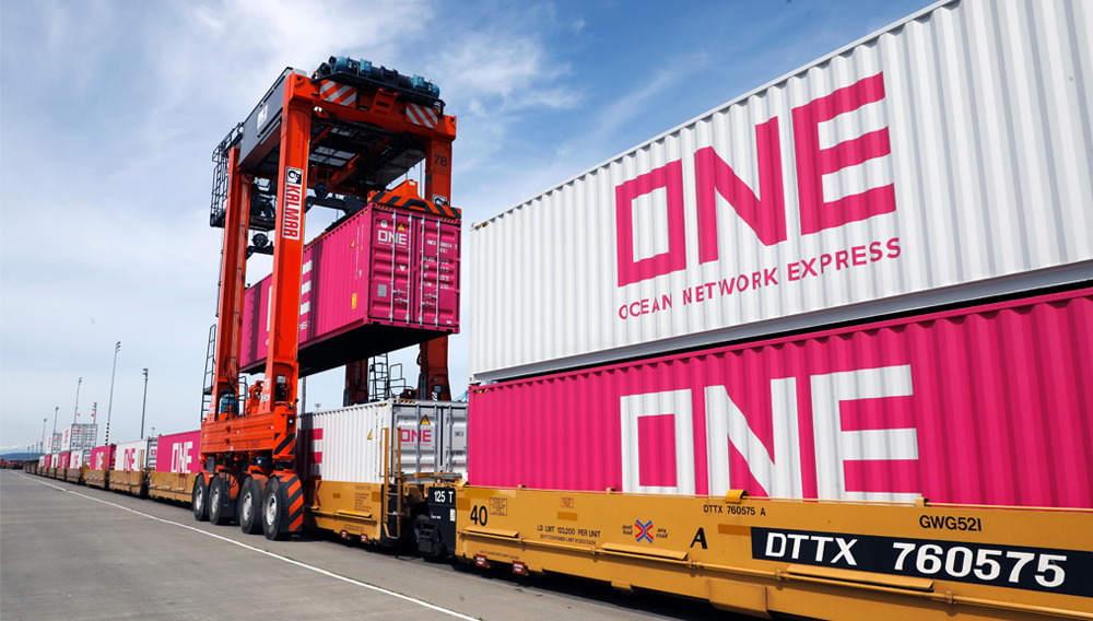 Intermodal freight containers are loaded onto rail cars at a Union Pacific terminal. Photo: Union Pacific.