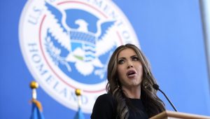 Secretary of Homeland Security Kristi Noem speaks with employees of her department on Tuesday, January 28, 2025, in Washington. (AP Photo/Manuel Balce Ceneta)