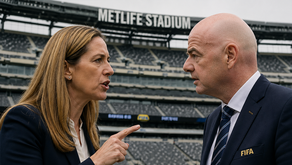 Photo: New Jersey Governor Mikie Sherrill and FIFA President Gianni Infantino. (AI-generated image)