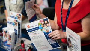 A “Join Our Team” flyer at the Appalachian State University internship and job fair in Boone, North Carolina, U.S., on Wednesday, Oct. 1, 2025. Allison Joyce | Bloomberg | Getty Images