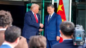 U.S. President Donald J. Trump shakes hands with the President of the People’s Republic of China, Xi Jinping, at Gimhae airport, Busan, South Korea, Oct. 30, 2025. (US Army photo by Sgt. Daniela Lechuga Liggio)