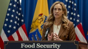 New Jersey Governor Mikie Sherrill holds press conference with Assembly Speaker Craig Coughlin; Senate Majority Leader M. Teresa Ruiz; Mark Dinglasan, Executive Director, New Jersey Office of the Food Security Advocate; and Lisa Pitz, Director, Hunger Free NJ; before signing Bill A3882 into law, which requires public schools to promote how to enroll in school meals by posting materials prominently on their websites, while in the media center of the statehouse in Trenton, N.J. on Thursday, June 18, 2026. (Office of Governor / Tim Larsen)