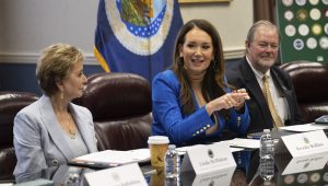 U.S. Department of Agriculture Secretary Brooke Rollins delivers some remarks to 20 Universities Presidents and Chancellors during a Land Grant University roundtable at the USDA Headquarters in Washington D.C., June 15, 2026. (USDA Photo by Christophe Paul)
